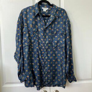 Vintage St. Michael Silk Shirt Mens L  Hunting Equestrian Novelty Print Navy Blu